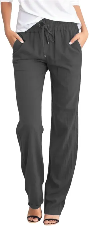 Women's Linen Summer Boho Pant Trousers Elastic Waisted Bootcut Slim Fit Pant Trousers Work Business