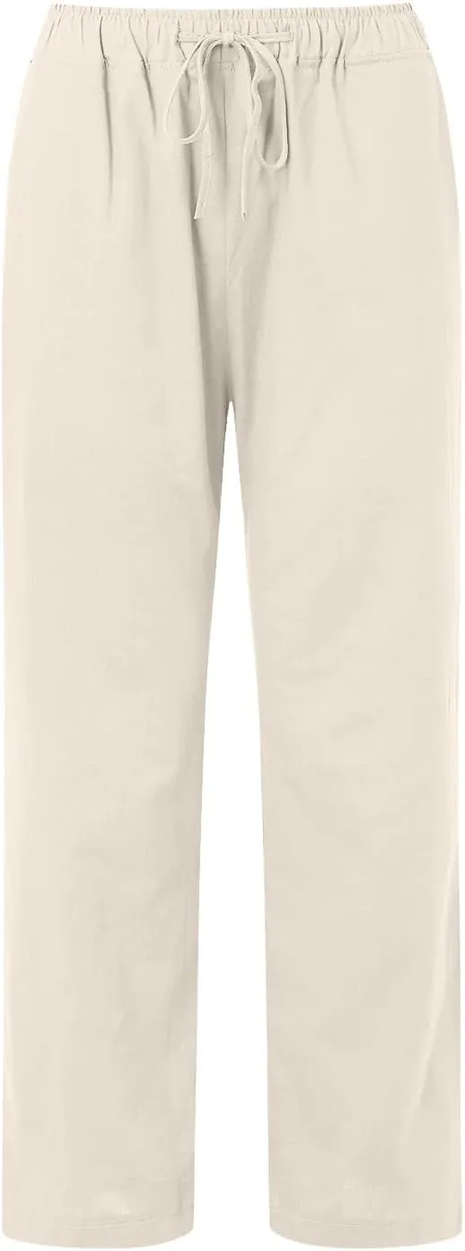 Women's Linen Summer Drawstring Pants High Waist Wide Leg Plus Size Trousers Travel