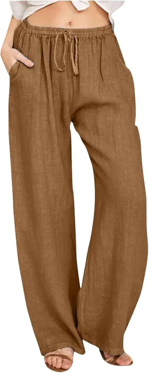 Women's Linen Summer Y2K Streetwear Pants Low Waist Wide Leg Plus Size Palazzo Lounge Pants Beach