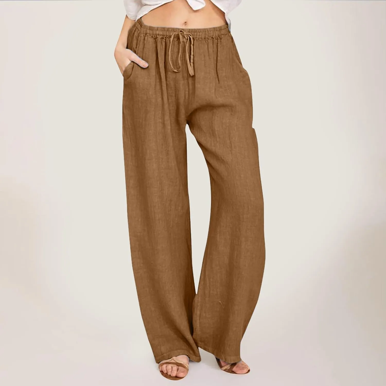 Women's Linen Summer Y2K Streetwear Pants Low Waist Wide Leg Plus Size Palazzo Lounge Pants Beach