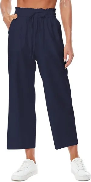Womens Linen Wide Leg Pants High Waisted Drawstring Baggy Loose Beach Pants with Pockets