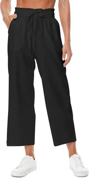 Womens Linen Wide Leg Pants High Waisted Drawstring Baggy Loose Beach Pants with Pockets