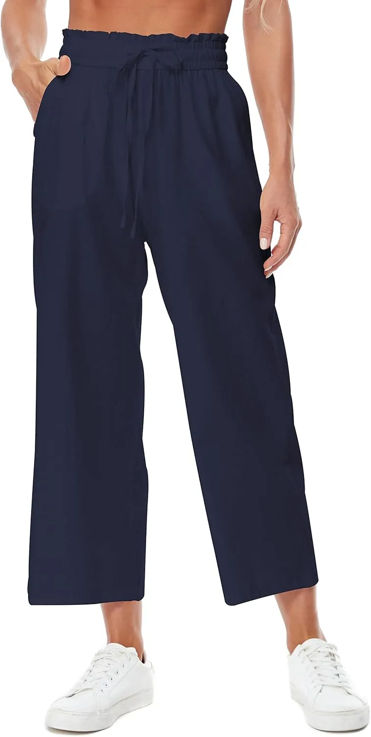Womens Linen Wide Leg Pants High Waisted Drawstring Baggy Loose Beach Pants with Pockets