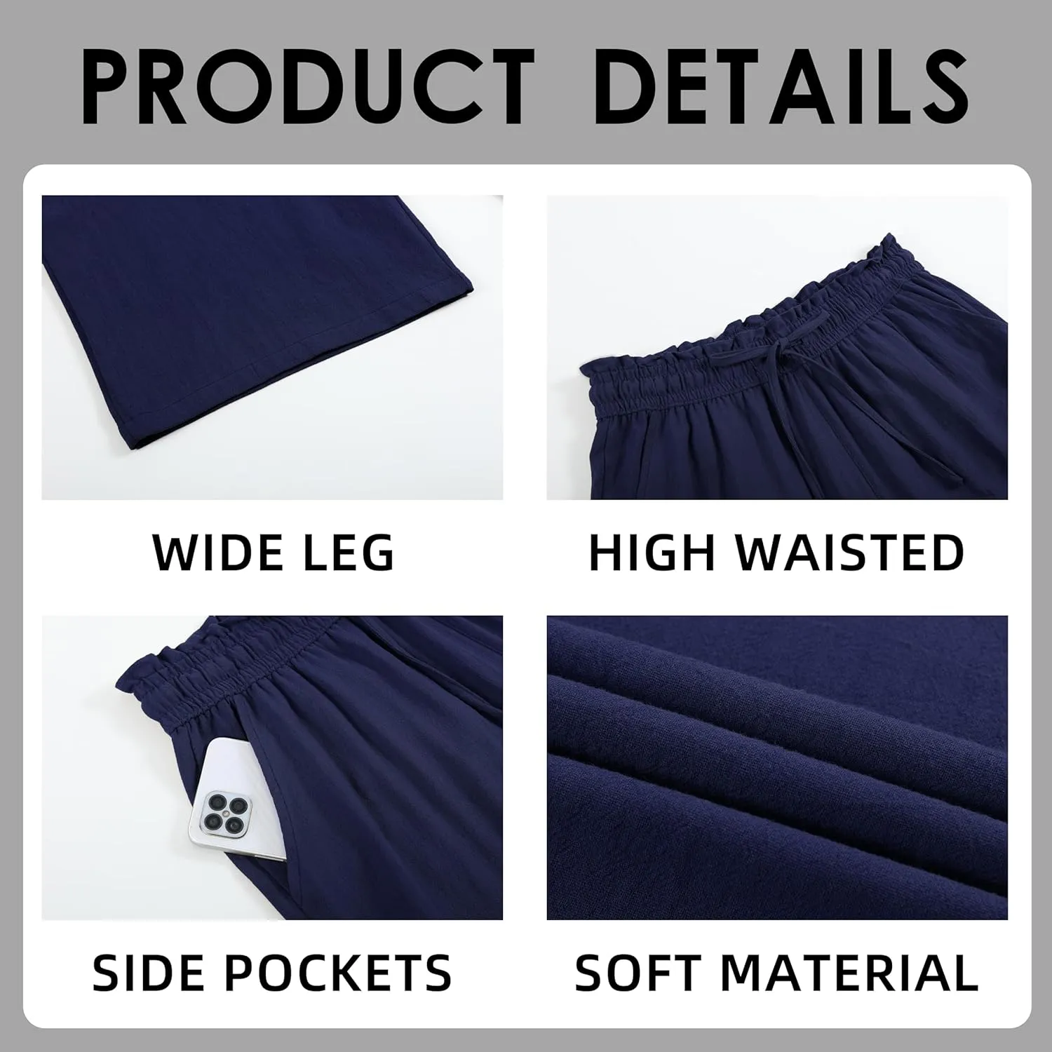 Womens Linen Wide Leg Pants High Waisted Drawstring Baggy Loose Beach Pants with Pockets