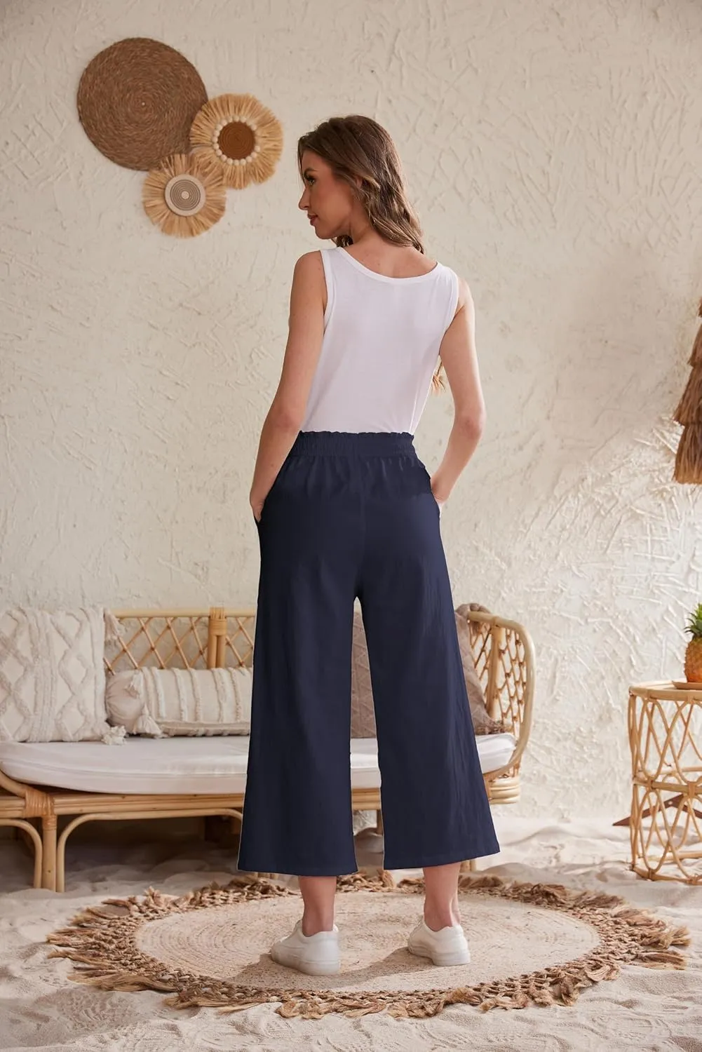 Womens Linen Wide Leg Pants High Waisted Drawstring Baggy Loose Beach Pants with Pockets