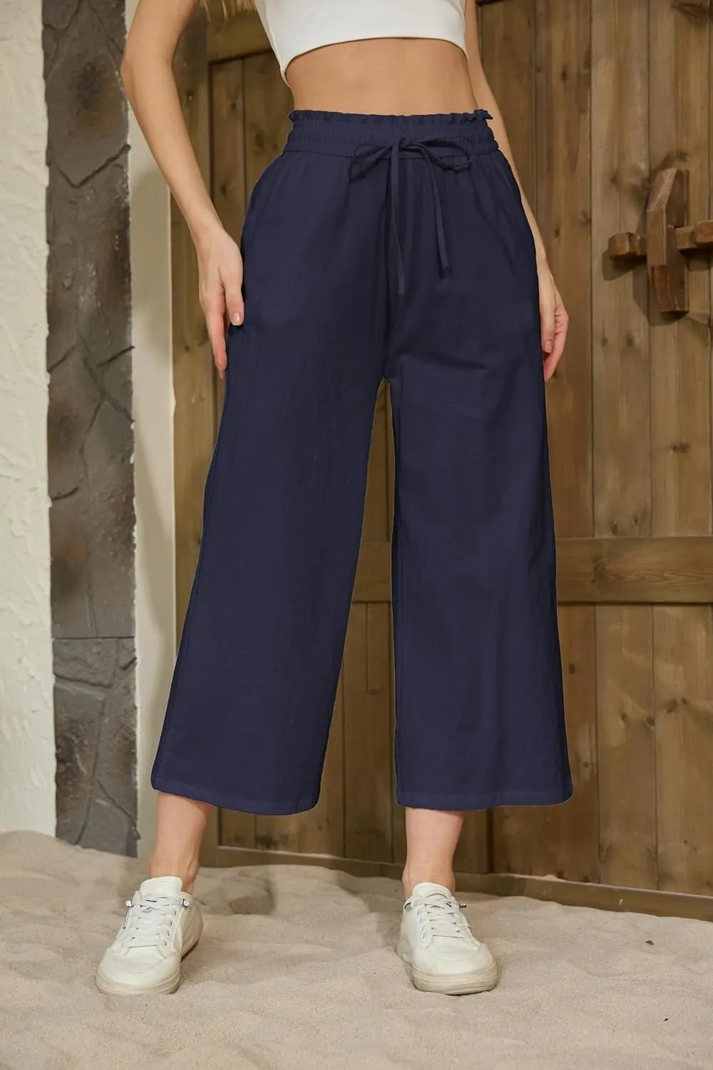 Womens Linen Wide Leg Pants High Waisted Drawstring Baggy Loose Beach Pants with Pockets