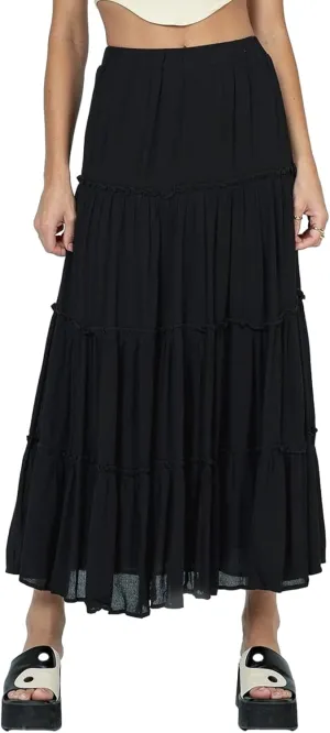 Women's Long Maxi Skirts Elastic High Waist Tiered Flowy Long Skirt Pleated Swing A-Line Maxi Summer Beach Skirt