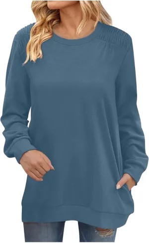 Womens Oversized Crewneck Sweatshirt Pleated Long Sleeve Tunic Tops Loose Fit Pullover Top Fall Clothes with Pockets