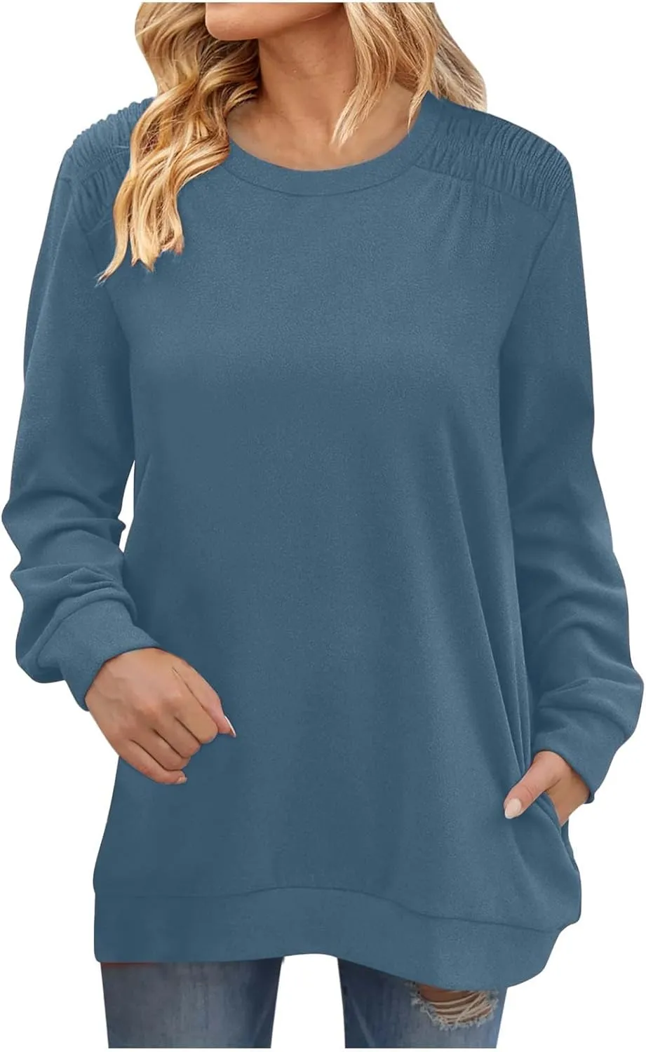 Womens Oversized Crewneck Sweatshirt Pleated Long Sleeve Tunic Tops Loose Fit Pullover Top Fall Clothes with Pockets