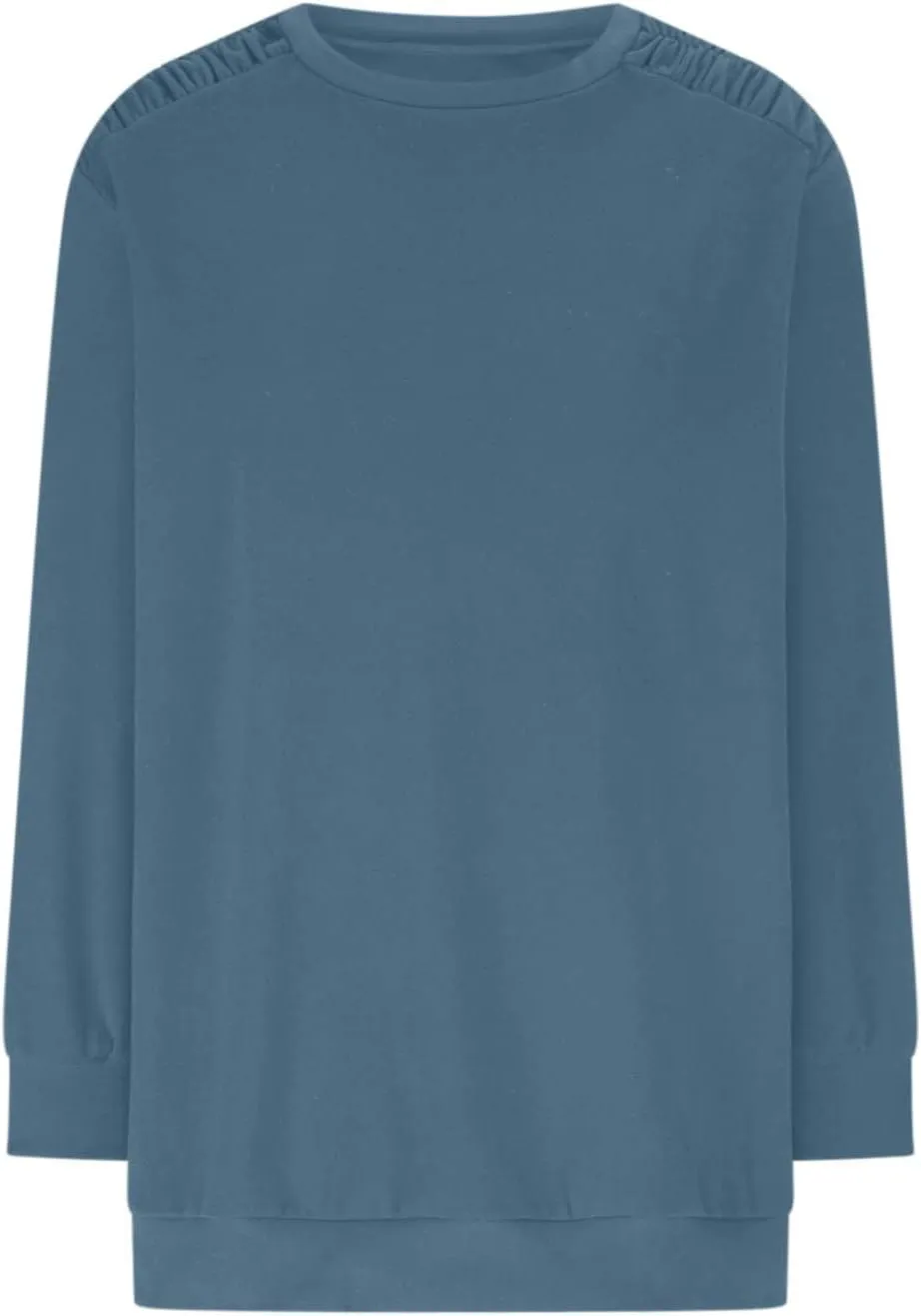 Womens Oversized Crewneck Sweatshirt Pleated Long Sleeve Tunic Tops Loose Fit Pullover Top Fall Clothes with Pockets