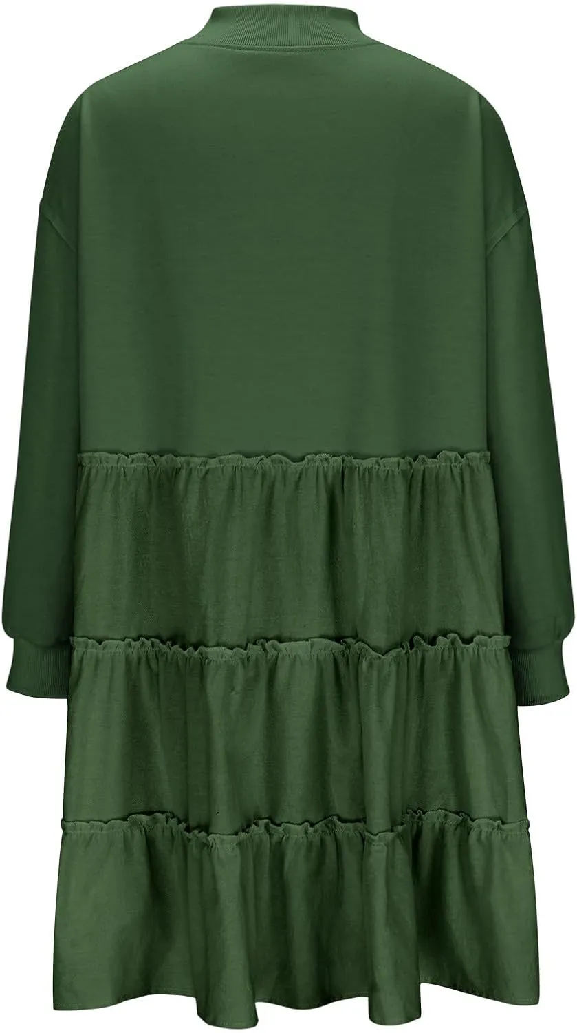 Women's Oversized Sweatshirt Mini Dress Long Sleeve Ruffle Hem Patchwork Pullover Tops Flowy Pleated Shirt Dresses