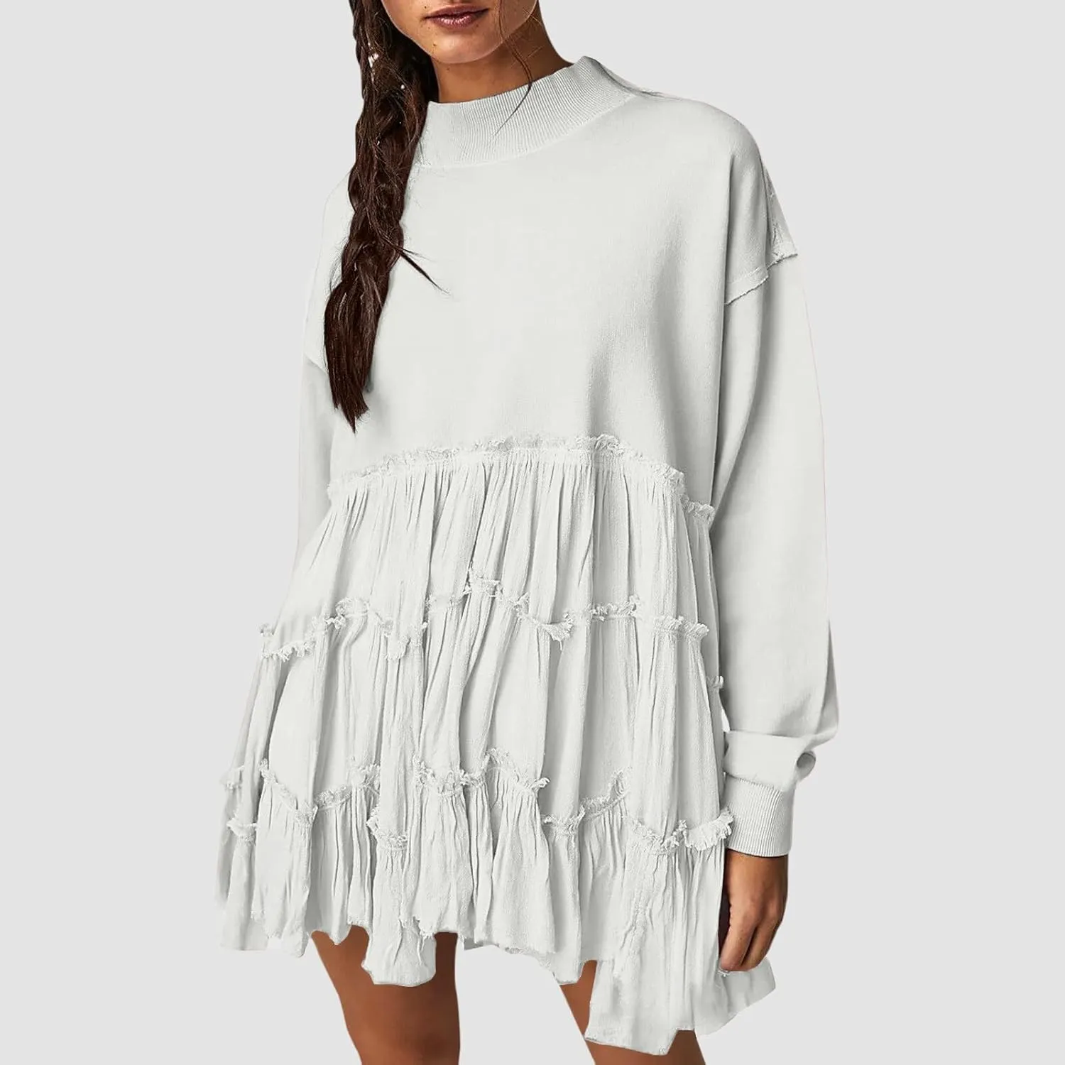 Women's Oversized Sweatshirt Mini Dress Long Sleeve Ruffle Hem Patchwork Pullover Tops Flowy Pleated Shirt Dresses