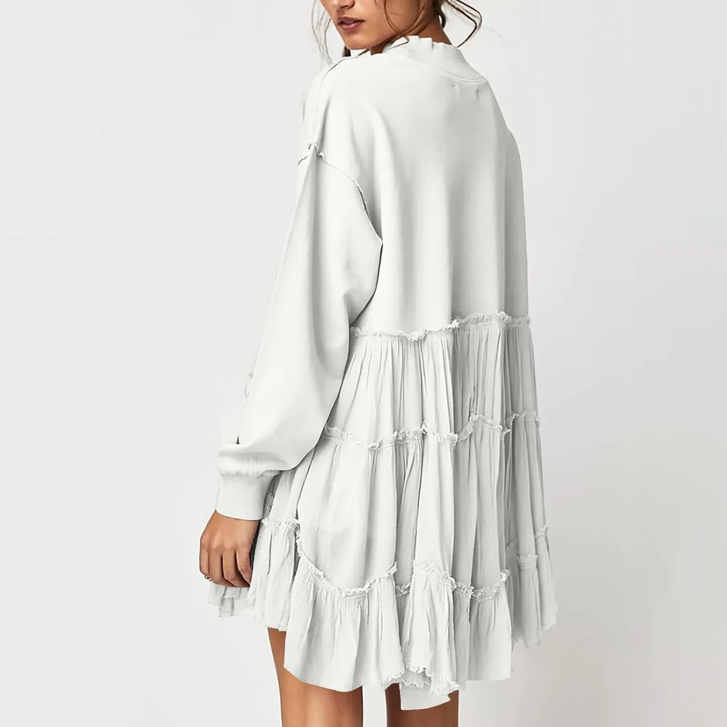 Women's Oversized Sweatshirt Mini Dress Long Sleeve Ruffle Hem Patchwork Pullover Tops Flowy Pleated Shirt Dresses