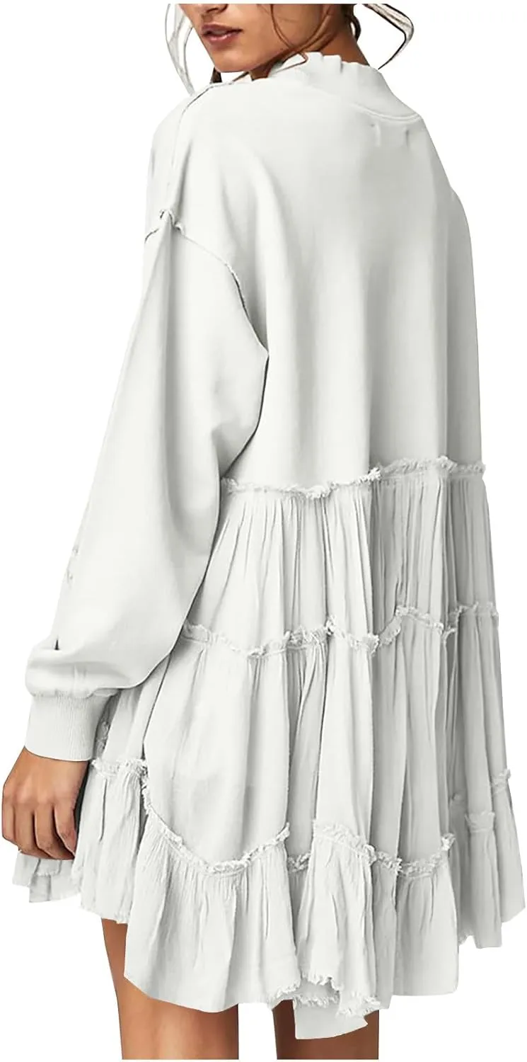 Women's Oversized Sweatshirt Mini Dress Long Sleeve Ruffle Hem Patchwork Pullover Tops Flowy Pleated Shirt Dresses