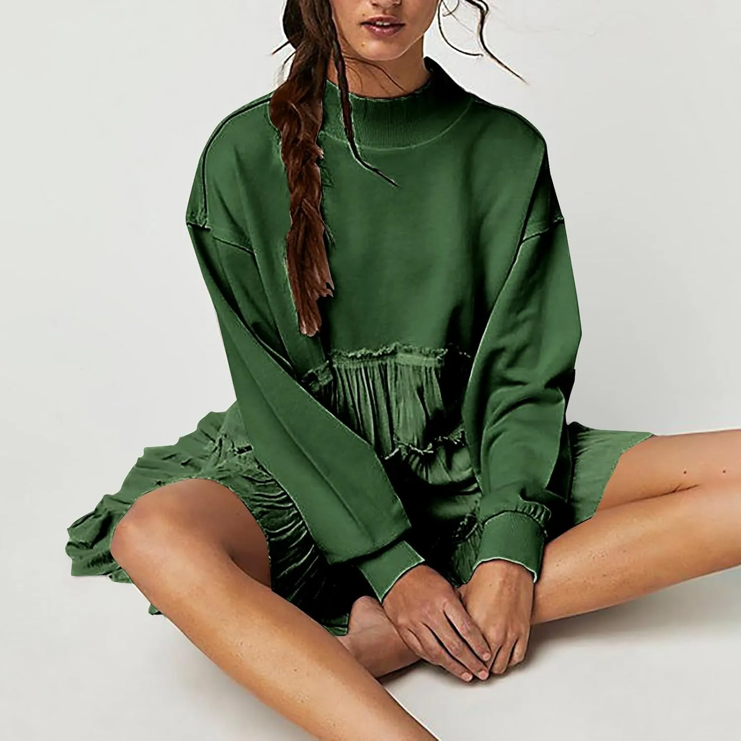 Women's Oversized Sweatshirt Mini Dress Long Sleeve Ruffle Hem Patchwork Pullover Tops Flowy Pleated Shirt Dresses