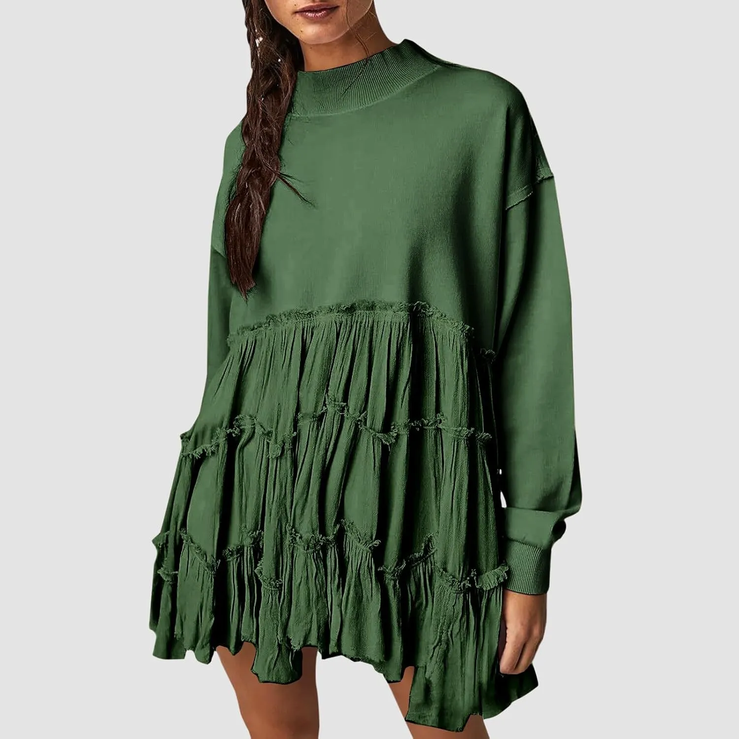 Women's Oversized Sweatshirt Mini Dress Long Sleeve Ruffle Hem Patchwork Pullover Tops Flowy Pleated Shirt Dresses