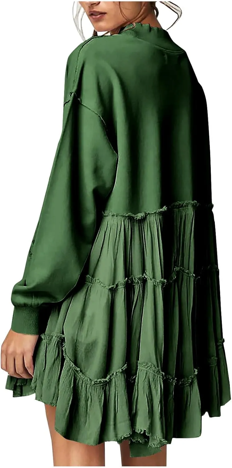 Women's Oversized Sweatshirt Mini Dress Long Sleeve Ruffle Hem Patchwork Pullover Tops Flowy Pleated Shirt Dresses