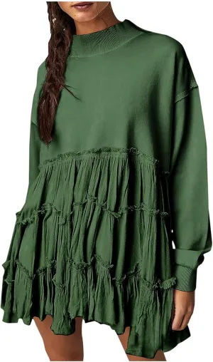 Women's Oversized Sweatshirt Mini Dress Long Sleeve Ruffle Hem Patchwork Pullover Tops Flowy Pleated Shirt Dresses