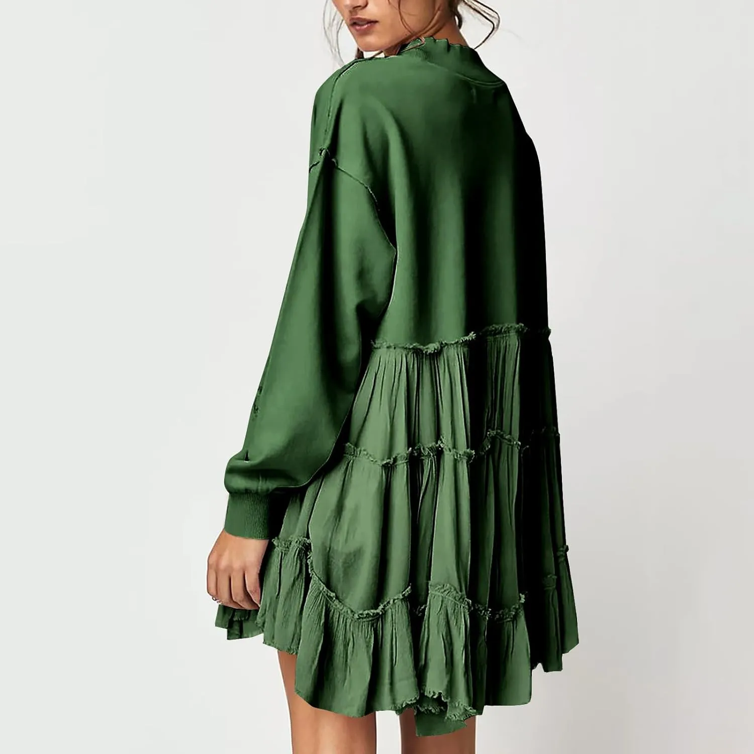 Women's Oversized Sweatshirt Mini Dress Long Sleeve Ruffle Hem Patchwork Pullover Tops Flowy Pleated Shirt Dresses