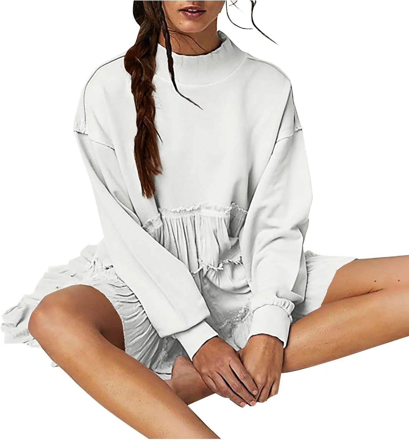 Women's Oversized Sweatshirt Mini Dress Long Sleeve Ruffle Hem Patchwork Pullover Tops Flowy Pleated Shirt Dresses