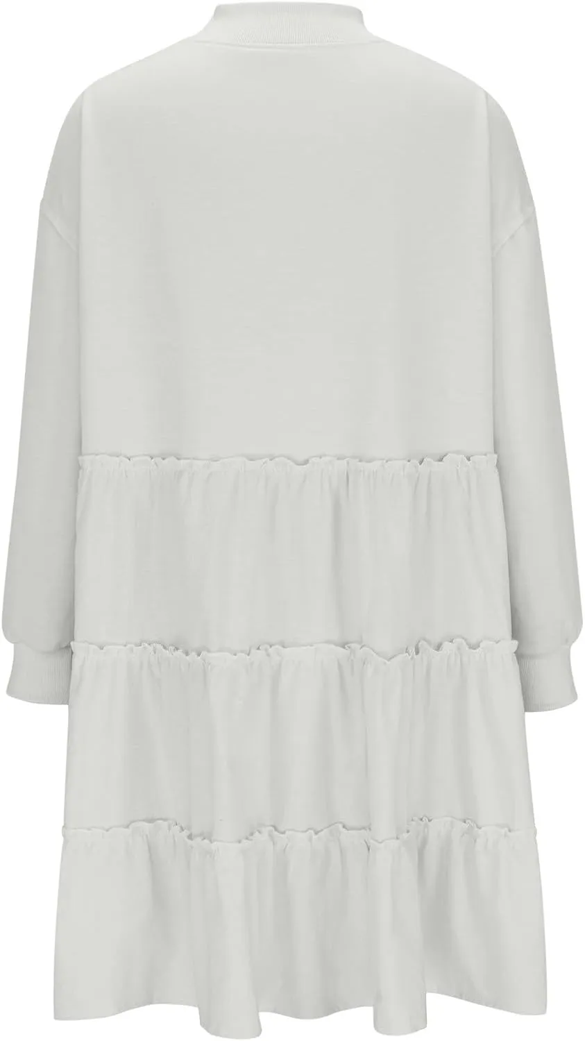 Women's Oversized Sweatshirt Mini Dress Long Sleeve Ruffle Hem Patchwork Pullover Tops Flowy Pleated Shirt Dresses