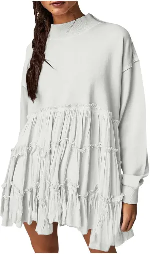 Women's Oversized Sweatshirt Mini Dress Long Sleeve Ruffle Hem Patchwork Pullover Tops Flowy Pleated Shirt Dresses