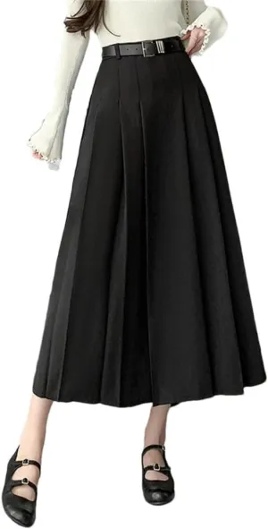 Women's Pleated Skirts Vintage Solid Color High Waist Casual Mid Length Women's A-Line Skirts Black XL
