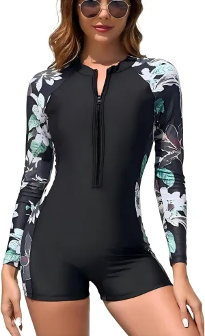 Womens Rash Guard Long Sleeve One Piece Swimsuits Zipper Front with Boy Shorts Swim Shirt Uv Protection UPF 50