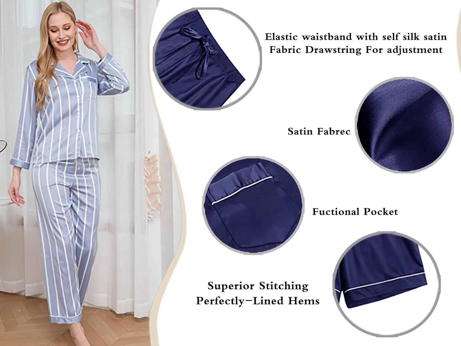 Womens Satin Pajamas Set 2Pcs Silk Pajama Long Sets XS-3XL Silky Long Pj Sets Sleepwear Stripes Pjs Loungewear