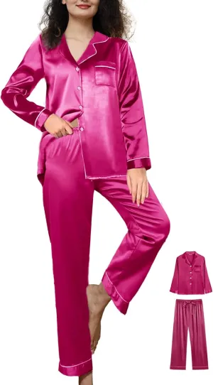 Womens Satin Pajamas Set 2Pcs Silk Pajama Long Sets XS-3XL Silky Long Pj Sets Sleepwear Stripes Pjs Loungewear