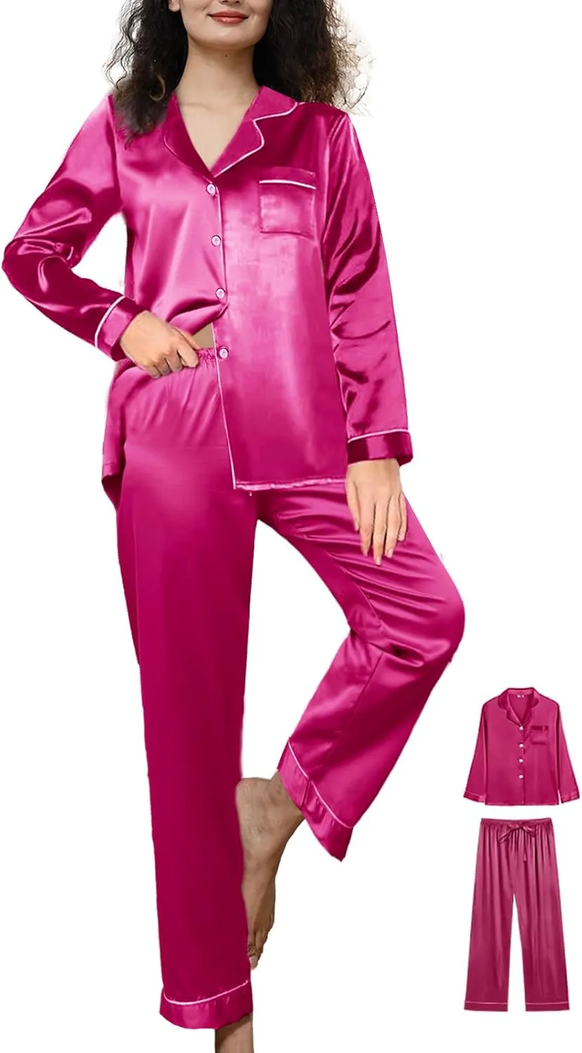 Womens Satin Pajamas Set 2Pcs Silk Pajama Long Sets XS-3XL Silky Long Pj Sets Sleepwear Stripes Pjs Loungewear