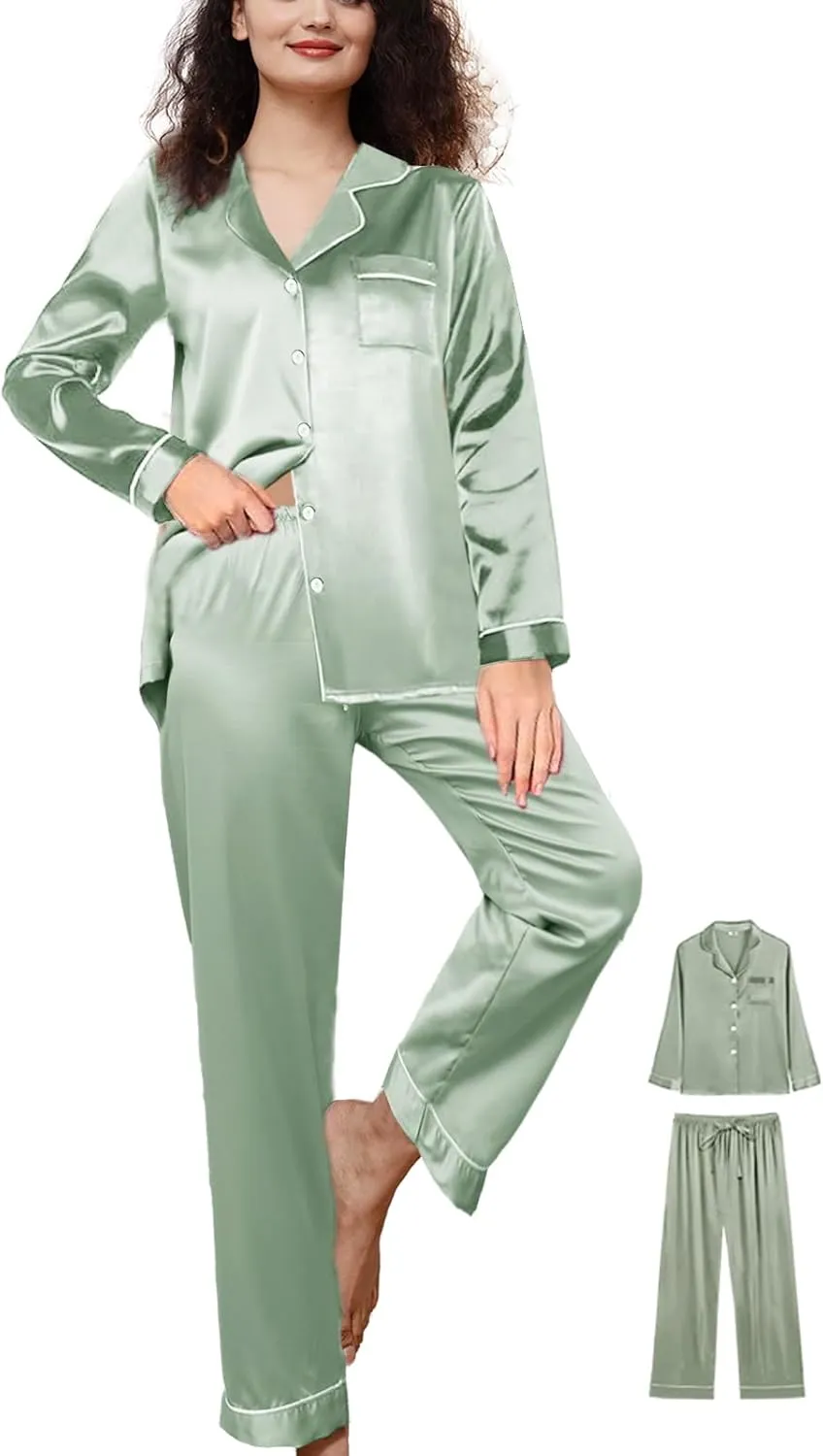 Womens Satin Pajamas Set 2Pcs Silk Pajama Long Sets XS-3XL Silky Long Pj Sets Sleepwear Stripes Pjs Loungewear