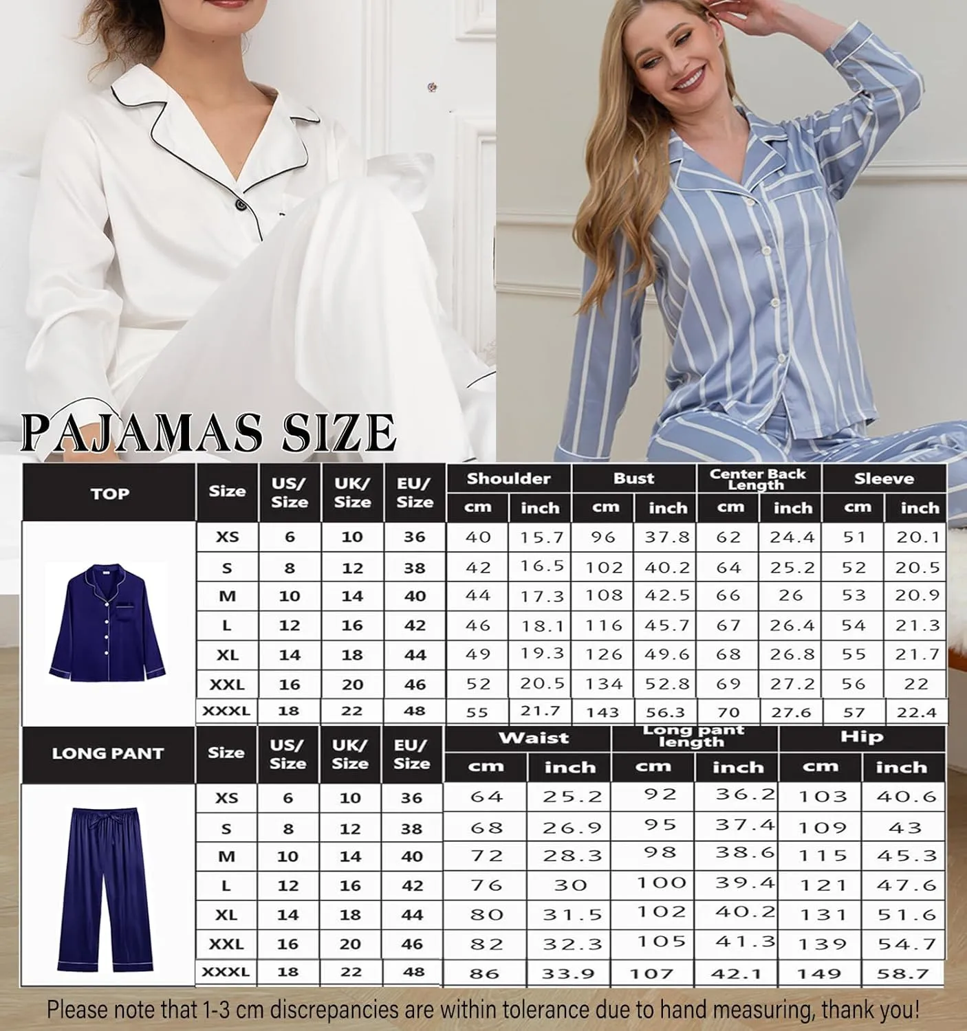 Womens Satin Pajamas Set 2Pcs Silk Pajama Long Sets XS-3XL Silky Long Pj Sets Sleepwear Stripes Pjs Loungewear