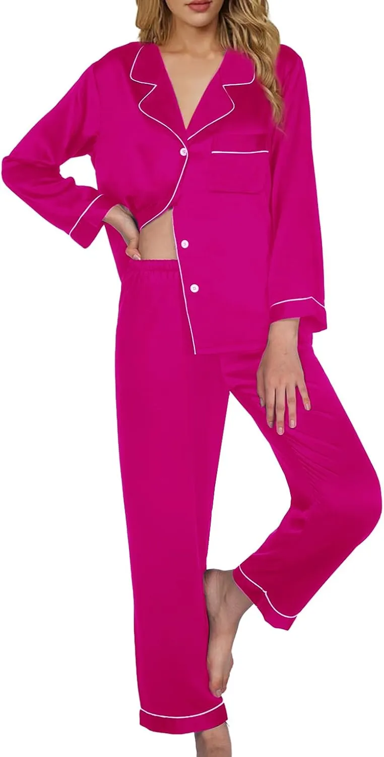 Womens Satin Pajamas Set 2Pcs Silk Pajama Long Sets XS-3XL Silky Long Pj Sets Sleepwear Stripes Pjs Loungewear