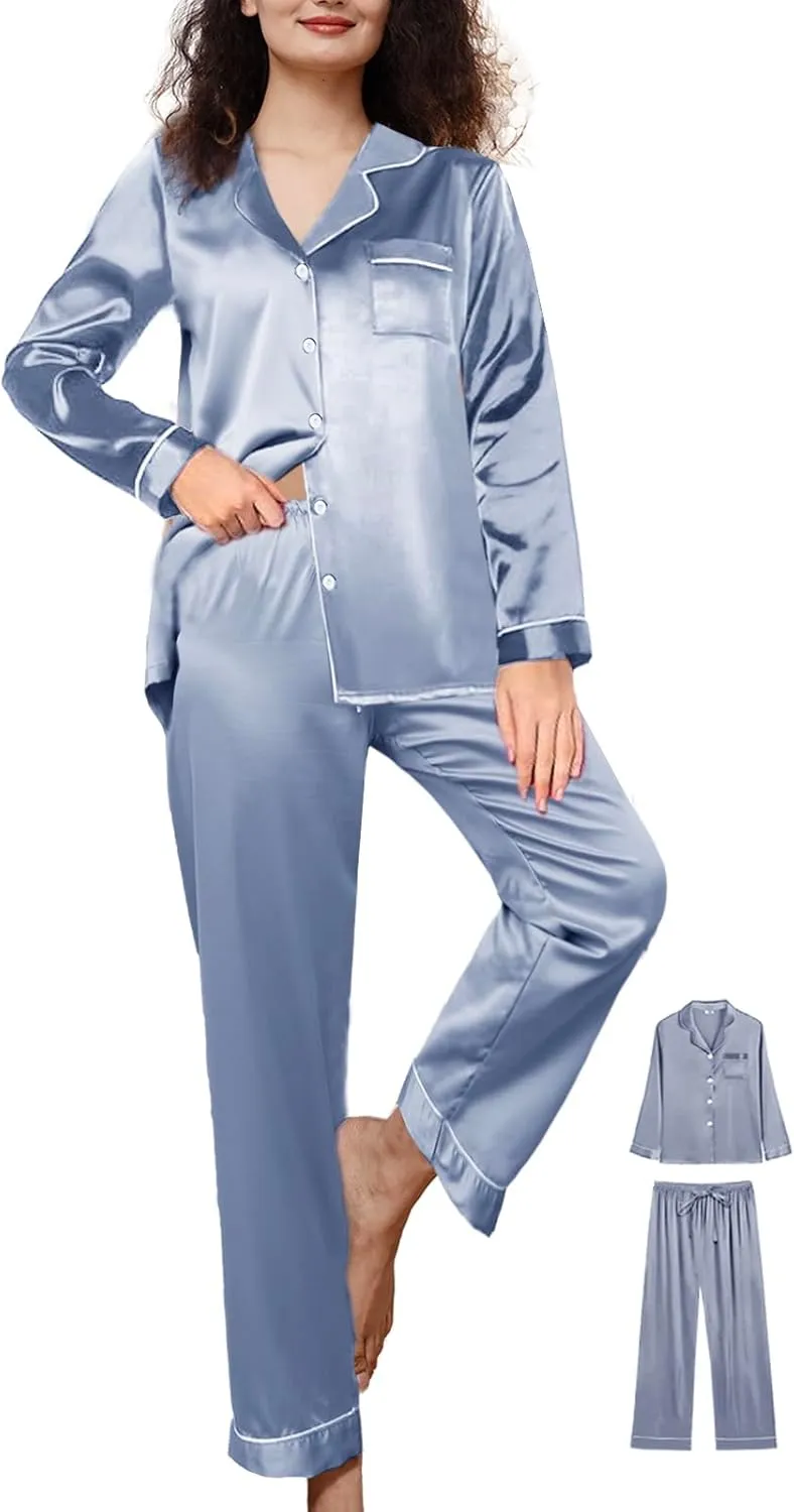 Womens Satin Pajamas Set 2Pcs Silk Pajama Long Sets XS-3XL Silky Long Pj Sets Sleepwear Stripes Pjs Loungewear