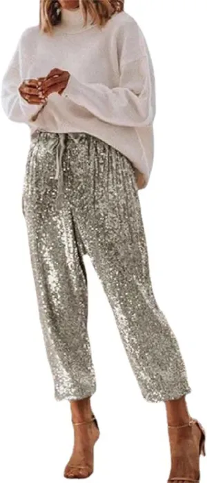 Womens Sequin Jogging Pants Sparkly High Waist Drawstring Sweatpants Elastic Waist Loose Fit Shiny Glitter Trousers