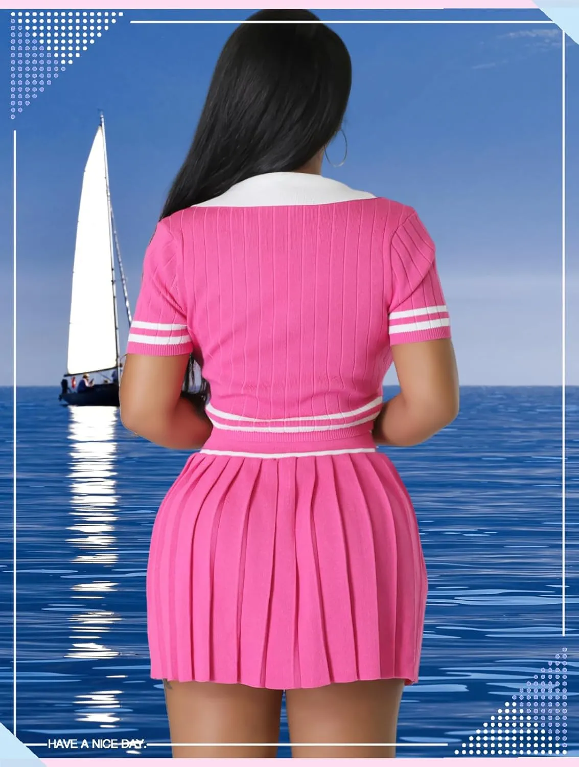 Women's Sports Tennis Energetic Short Sleeved Slim fit Pleated V-Neck Slim fit Fashion Sexy Two-Piece Dress