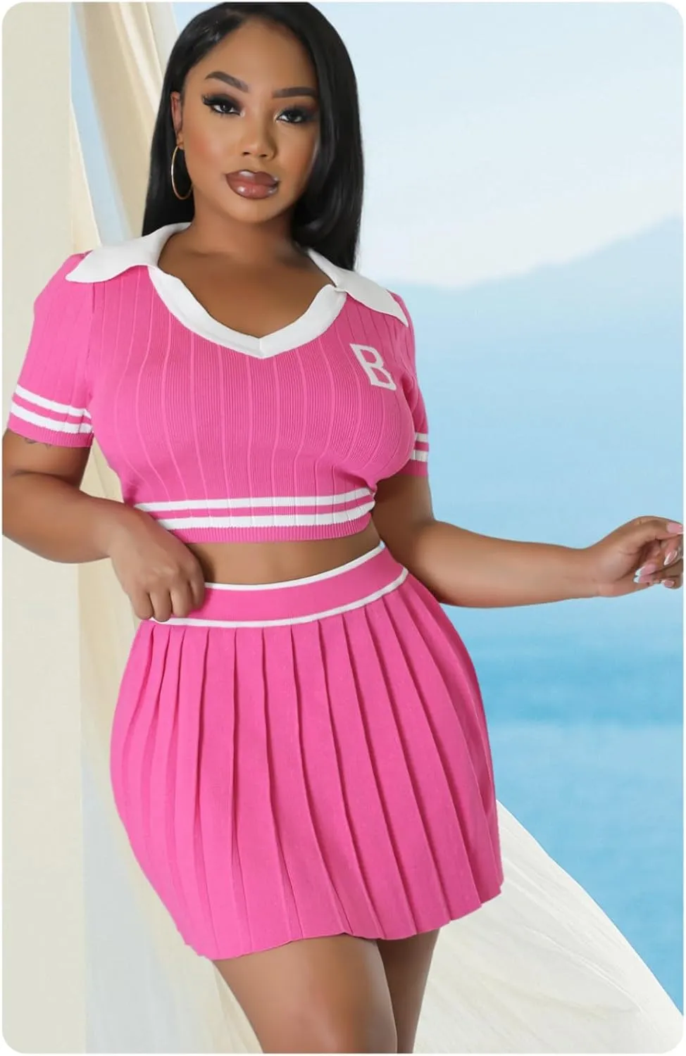 Women's Sports Tennis Energetic Short Sleeved Slim fit Pleated V-Neck Slim fit Fashion Sexy Two-Piece Dress
