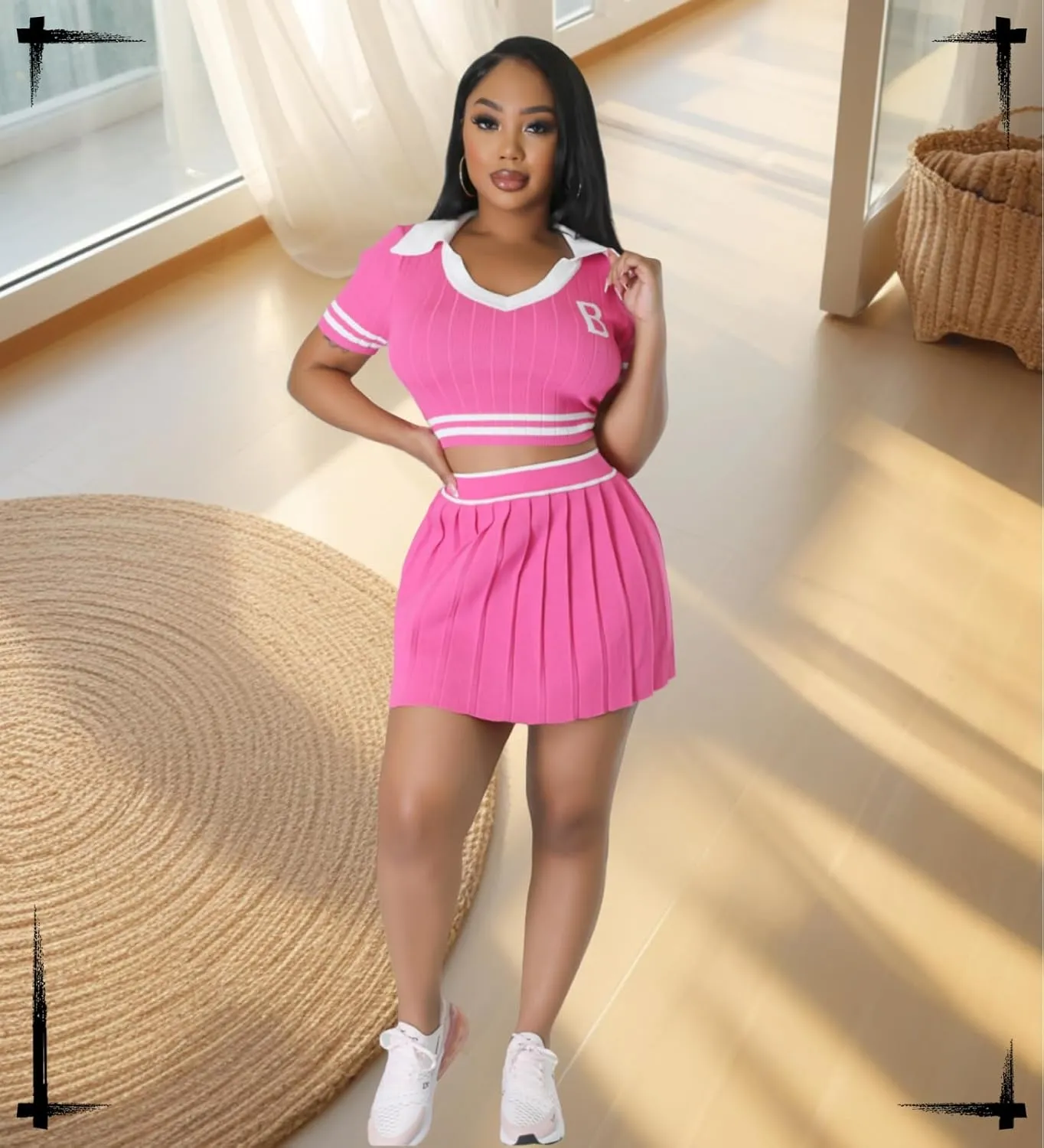 Women's Sports Tennis Energetic Short Sleeved Slim fit Pleated V-Neck Slim fit Fashion Sexy Two-Piece Dress
