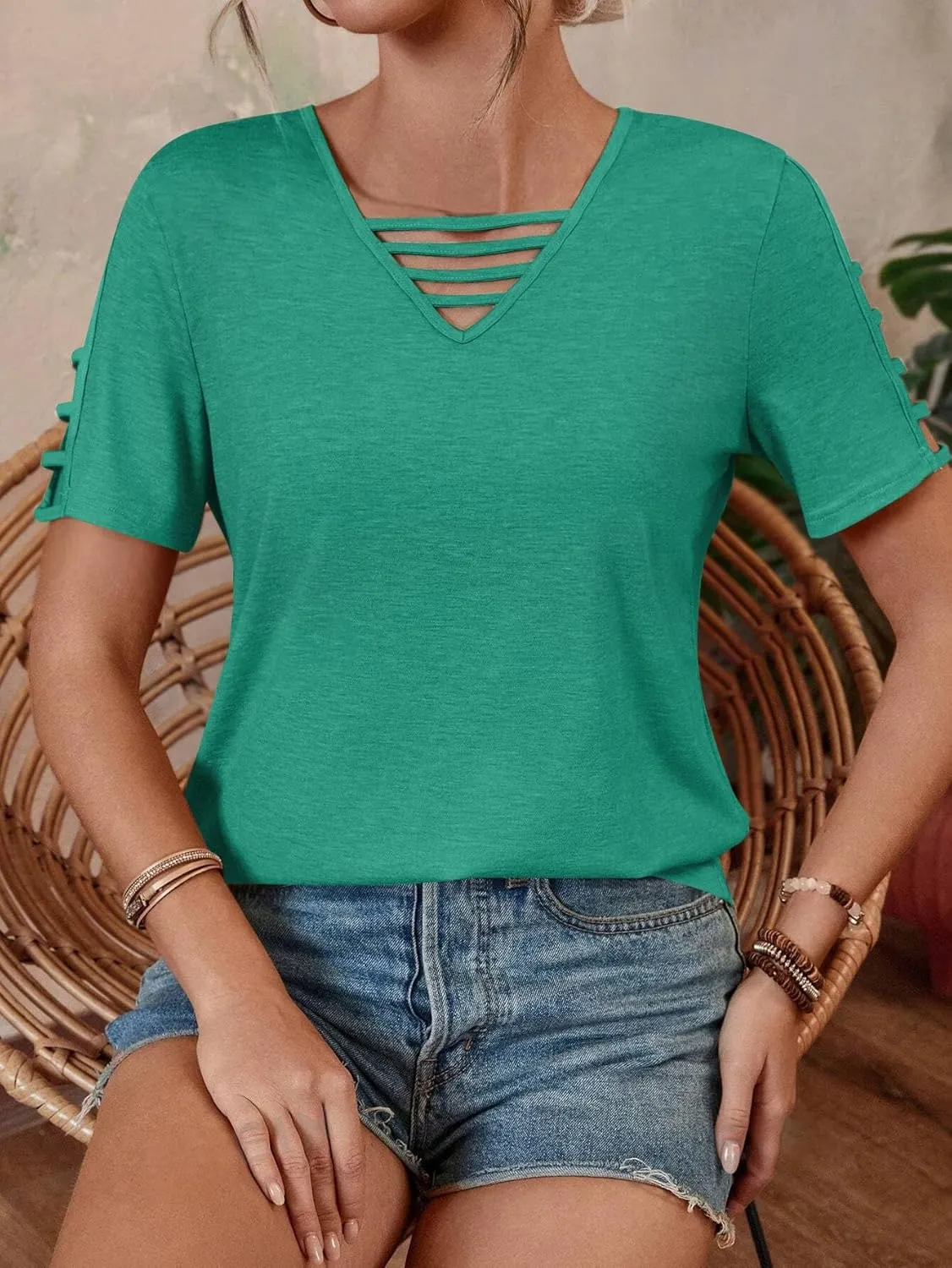 Women's Spring V Neck T-Shirt Loose Fit Hollow Out Short Sleeve Casual Summer Basic Tops for 2025 Beach Vacation