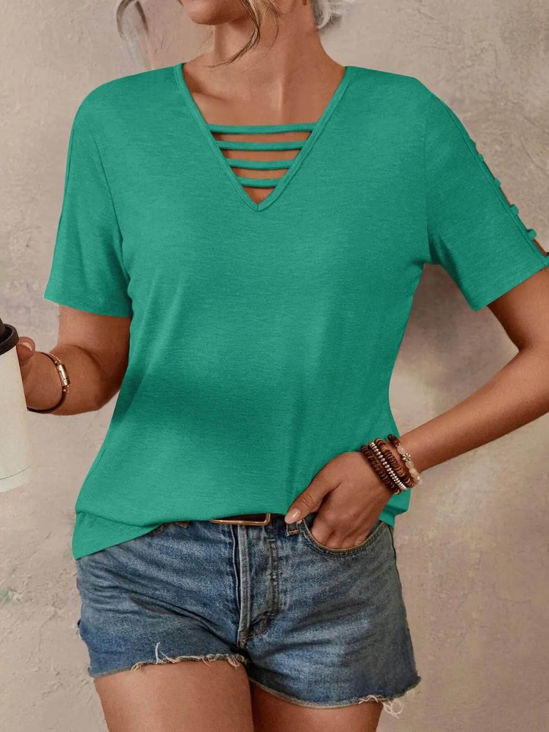 Women's Spring V Neck T-Shirt Loose Fit Hollow Out Short Sleeve Casual Summer Basic Tops for 2025 Beach Vacation