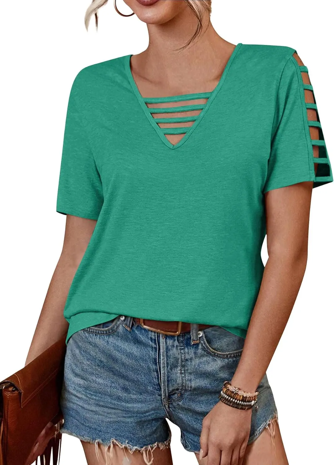 Women's Spring V Neck T-Shirt Loose Fit Hollow Out Short Sleeve Casual Summer Basic Tops for 2025 Beach Vacation