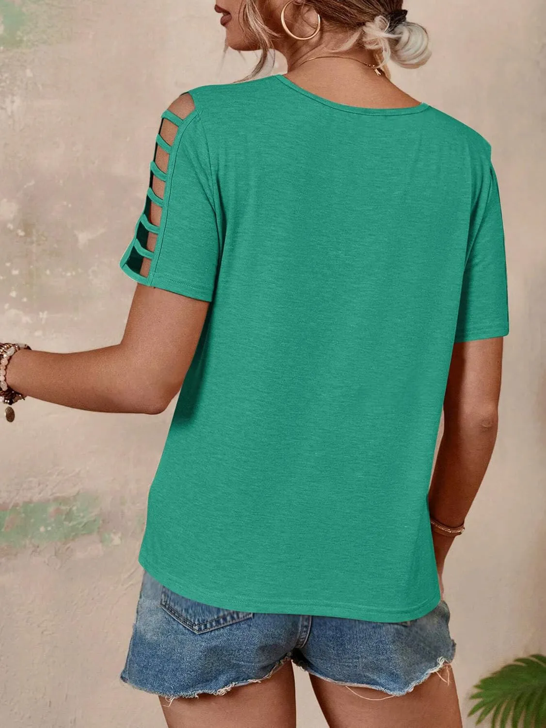 Women's Spring V Neck T-Shirt Loose Fit Hollow Out Short Sleeve Casual Summer Basic Tops for 2025 Beach Vacation