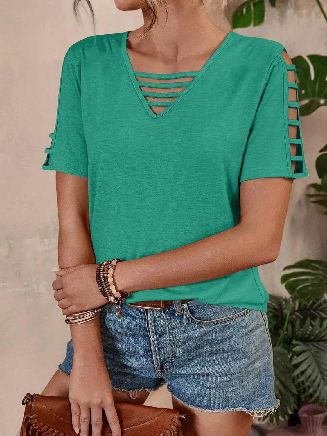 Women's Spring V Neck T-Shirt Loose Fit Hollow Out Short Sleeve Casual Summer Basic Tops for 2025 Beach Vacation