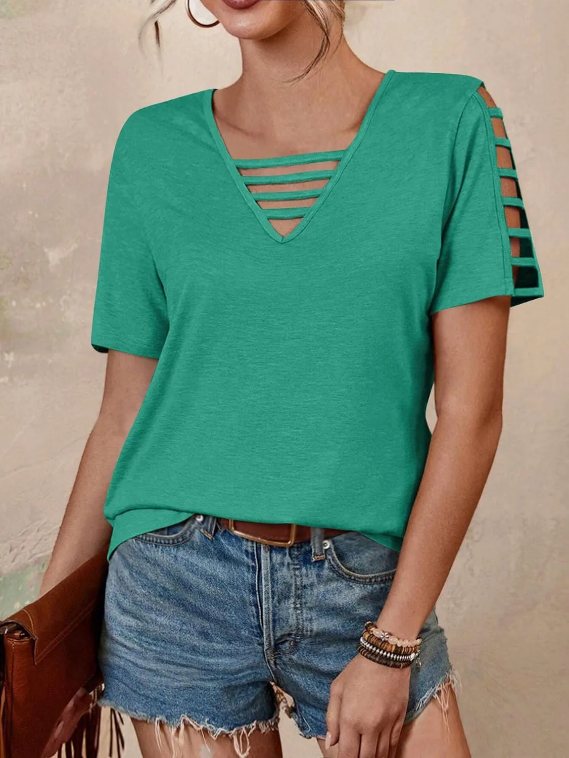 Women's Spring V Neck T-Shirt Loose Fit Hollow Out Short Sleeve Casual Summer Basic Tops for 2025 Beach Vacation