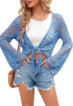 Womens Summer Boho Tops Sheer Crochet Coverup Beach Bathing Swimsuit Cover Ups Shrugs Crop Swimwear Outfits