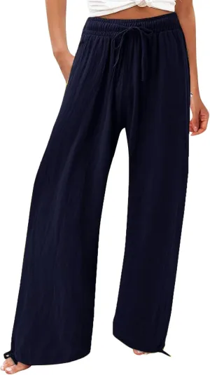Women's Summer Drawstring Waist Trousers Wide Leg Loose Cotton Linen Palazzo Pants High Waist Adjustable Trousers