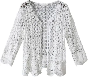Women's Summer Long Sleeve Cardigan Hollow Out Crochet Knit Floral Cover Up Open Front Scalloped Mesh Beach Shrug Coat Beige