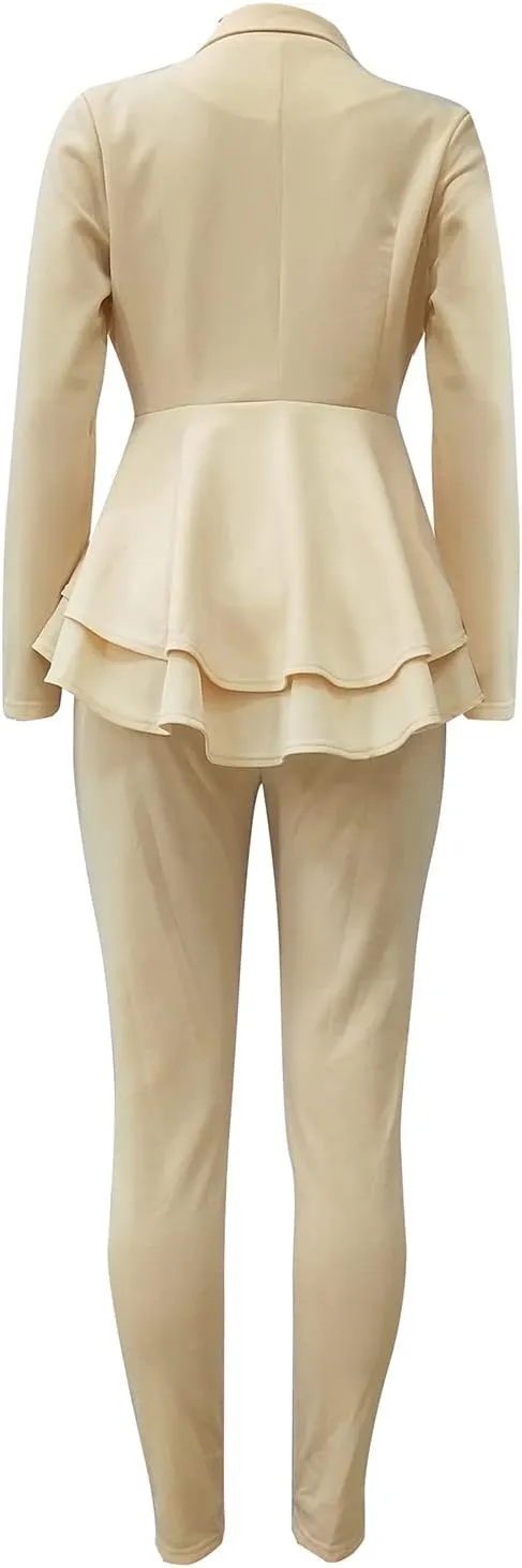 Women's Two Piece Outfits Sets Long Sleeve Deep V Neck Ruffle Pelplum Blazer Slim Fit Bocycon Long Pants Business Suit Set