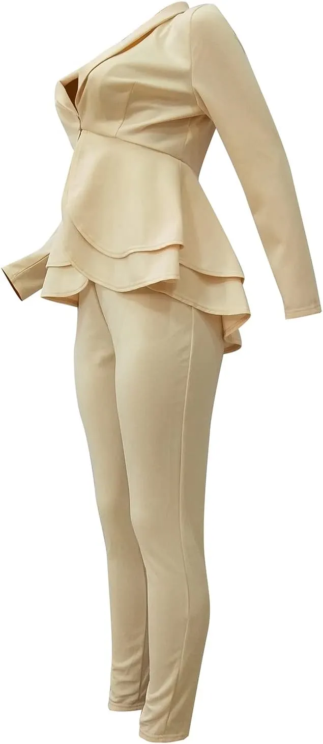 Women's Two Piece Outfits Sets Long Sleeve Deep V Neck Ruffle Pelplum Blazer Slim Fit Bocycon Long Pants Business Suit Set